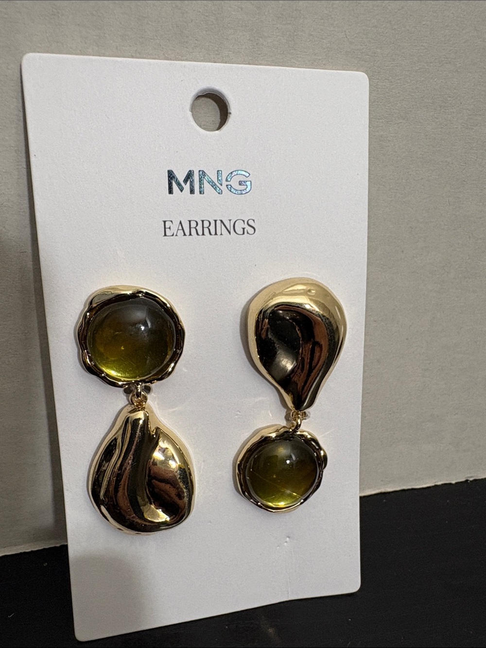 Mango Gold-Tone Drop Earrings with Olive Green Cabochons MIXED RESIN EARRINGS